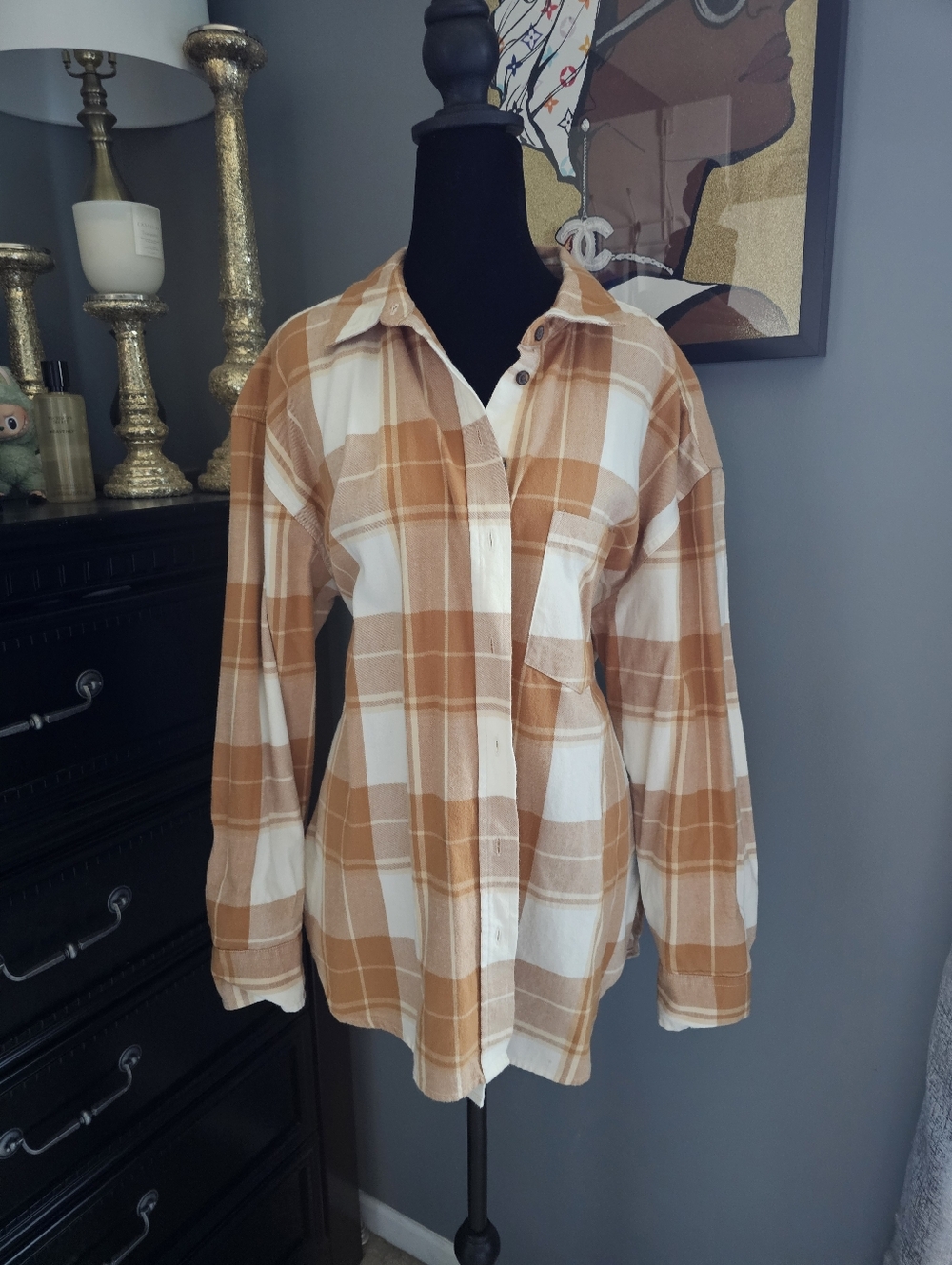 Universal Thread Tan and Cream Plaid Oversized Button-Up